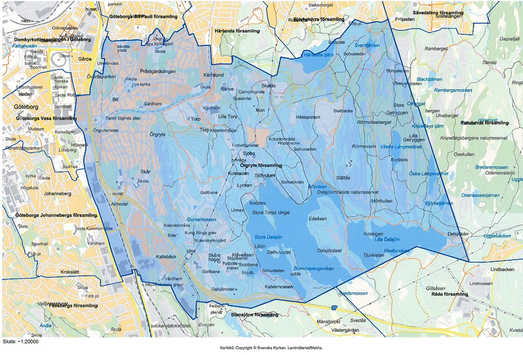 Här bor 16 165 örgrytebor. Karta över Örgryte Församling är samma område som Statistiska Centralbyrån kallar distrikt. 