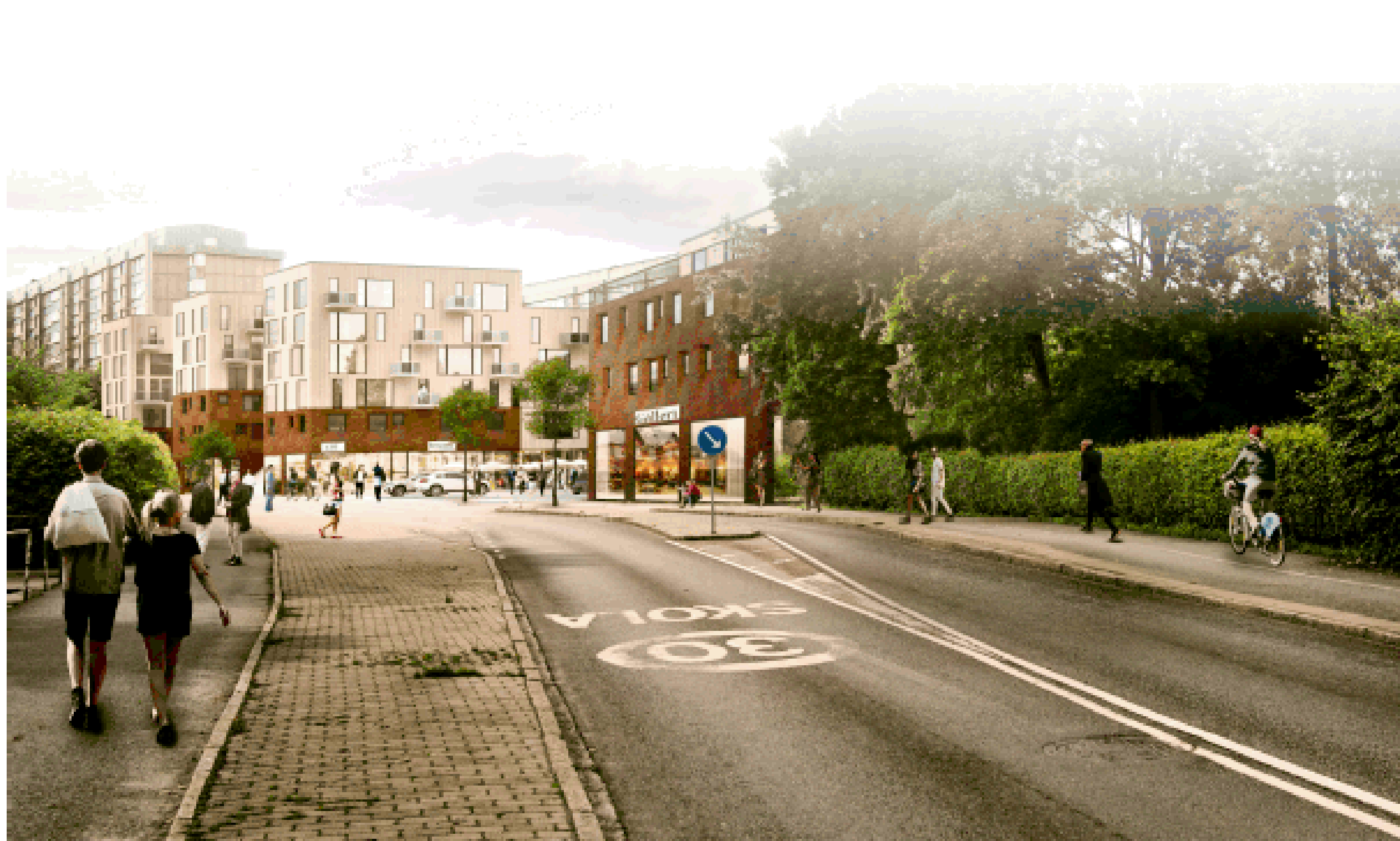 Illustration: Vy på Danska vägen där man ser en del av den föreslagna nybyggnationen på Prästgårdsängen